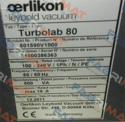 P/N:501590V1000  TYPE:Turbolab 80  S/N:31000386363 Leybold