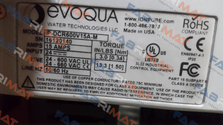 Model: IP-DCR600V15A-M Evoqua Water Technologies